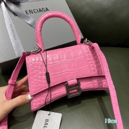 발렌시아가 아워글래스 탑 핸들 백 XS 592833 악어무늬 핑크 은장